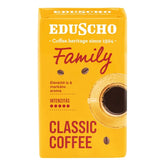 A yellow 250g pack of Eduscho Family Classic Coffee, featuring a coffee cup, beans, and text celebrating Eduscho’s premium coffee heritage since 1924.